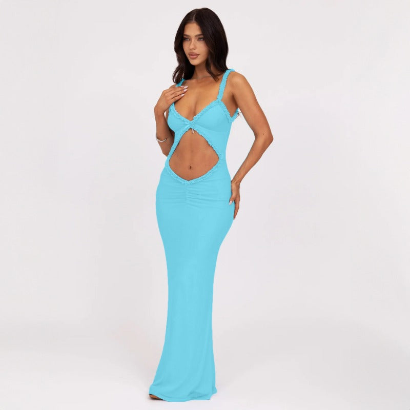 New Spaghetti Strap Ruffle Trim Sleeveless Crop Top Bodycon Maxi Dress D1993475