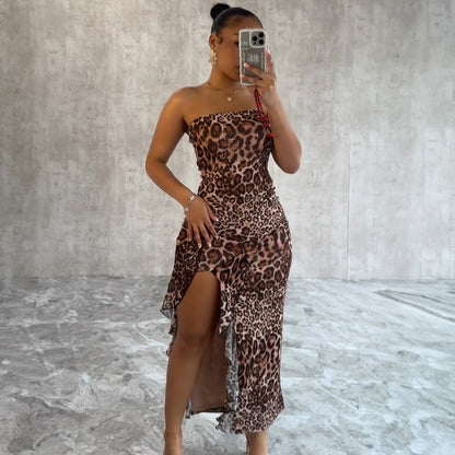 New Sexy Fitted Leopard Print Side-Slit Flirty Style Dress D1993527