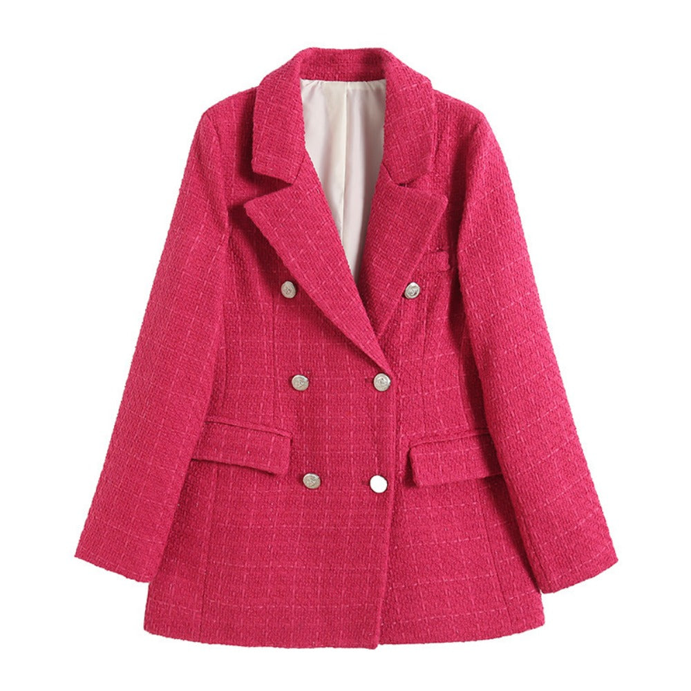 New Women's Textured Double-Breasted Mid-Length Blazer in 4 Colors