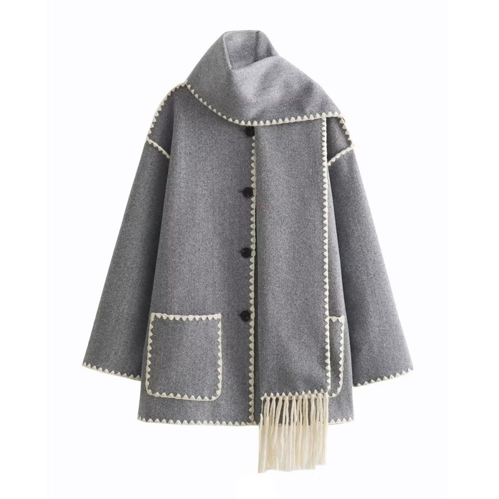 Women's Street Style Scarf Detail Patchwork Wool Coat