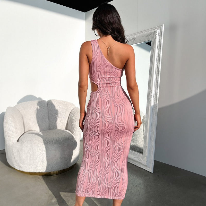 New Fashion Solid Color Striped Slim Fit Off-Shoulder Hollow-Out Dress  D1992345