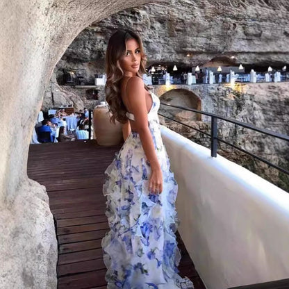 New 2024 Spring/Summer Off-Shoulder European and American Style Fashionable Chiffon Printed Ethereal Maxi Dress with Elegant Evening Gown Appeal